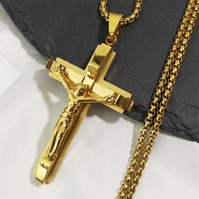 Jesus krzyż krucyfiks wisiorek naszyjnik dla mężczyzn ze stali nierdzewnej złoty kolor chrześcijański ziarna kawy łańcuch biżuteria croix chrétienne