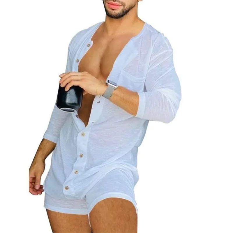 Men Adult Onesies Solid Color Tight Jumpsuit Homewear Long Sleeve Sexy Short Mens Jumpsuit Onsies Pajamas