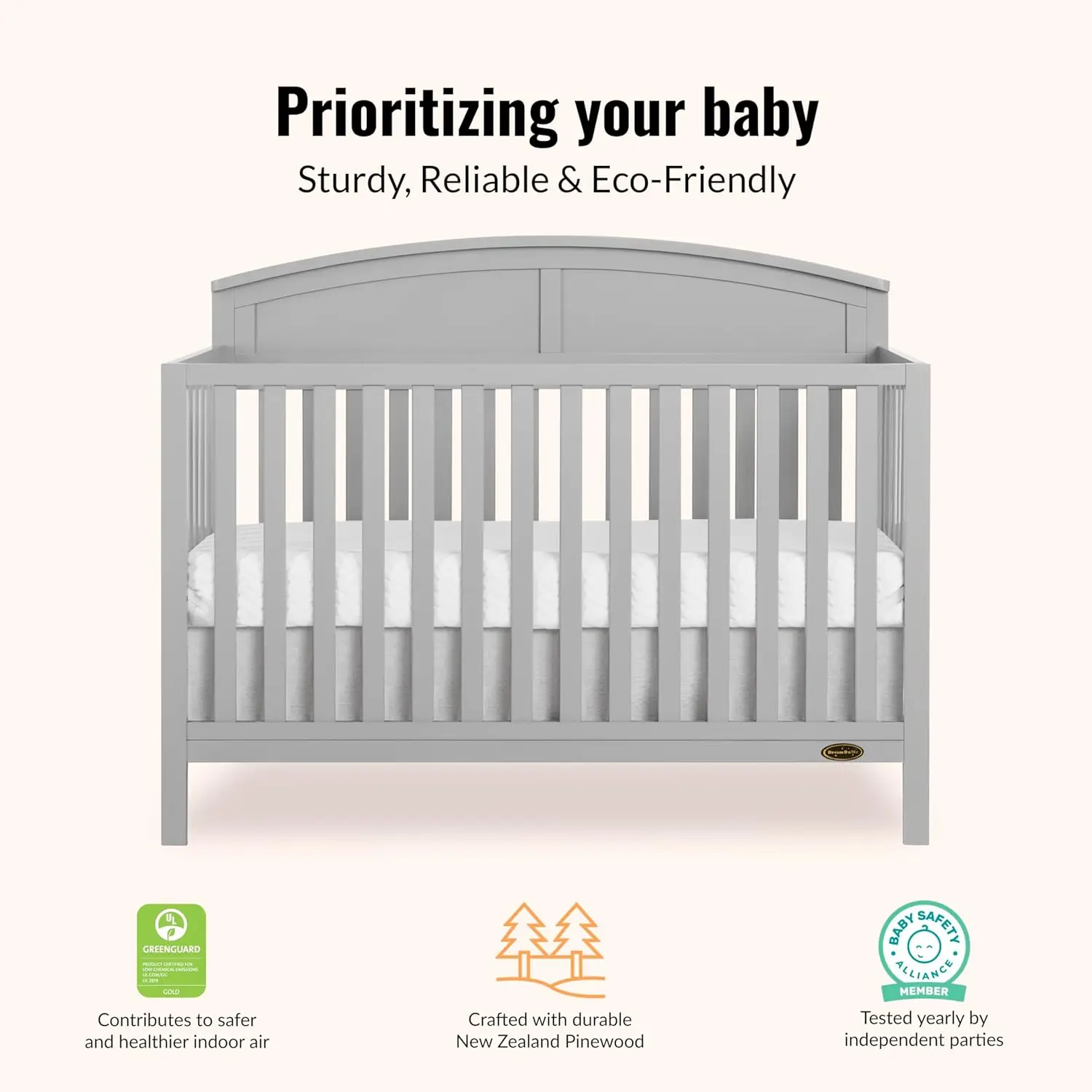 Storybrooke 5-in-1 Convertible Full-Size Baby Crib in Pebble Grey, GreenGuard Gold & JPMA, Convert to Toddler, Day