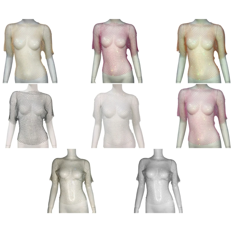 

Women Sexy Rhinestones Sheer Mesh Fishnet Short Sleeve T-Shirt Crop Tops Blouse
