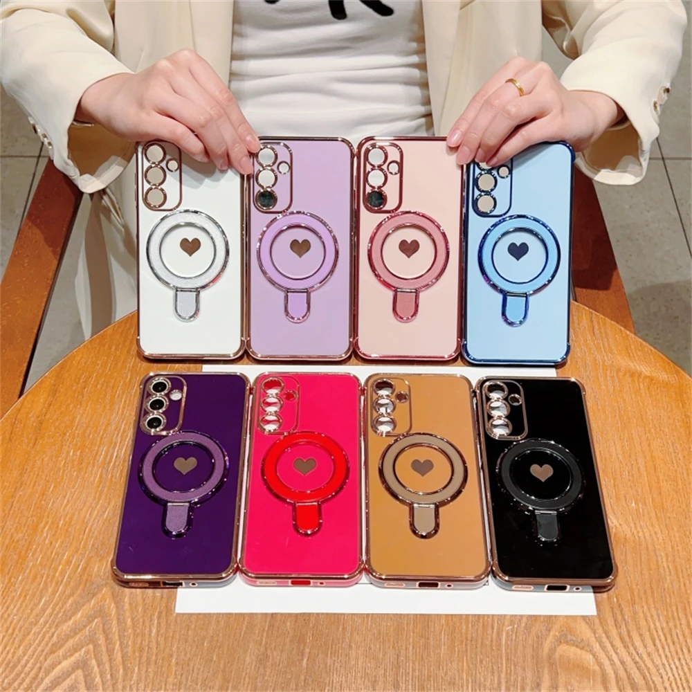 Magnetic Plating Heart Stand Phone Case For Samsung Galaxy Series_voghion.com