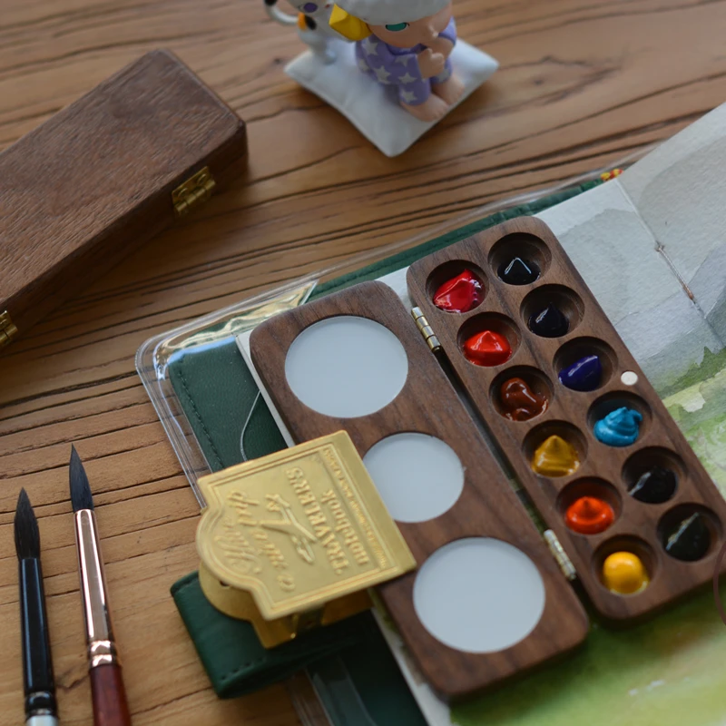 12 grids/24 grids Mini Portable Painter Paint Box Black Walnut/Cherry Wood Handmade Watercolor Paint Box Empty