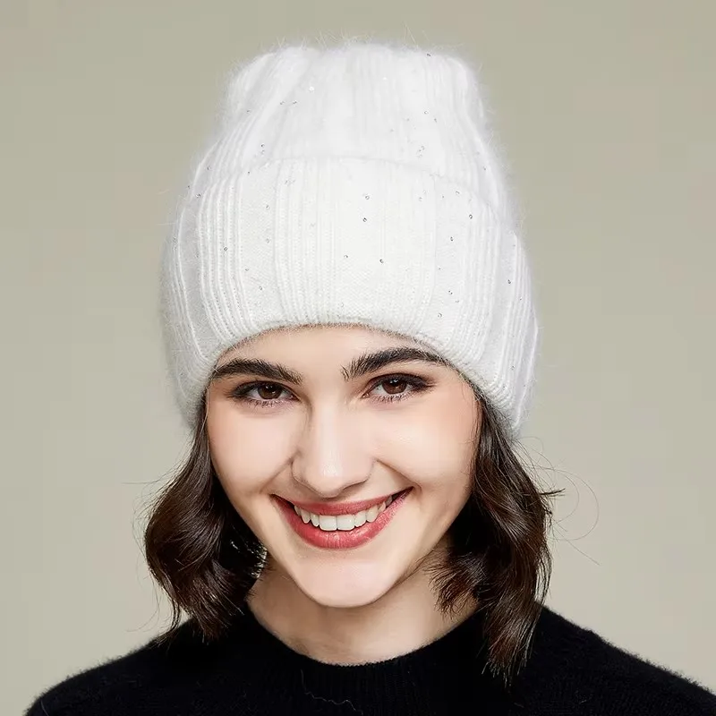 VISROVER 10 Color Rabbit Cashmere unisex Woman Winter Hat With Lurex Autumn Beanies Cashmere Woman Warm Rabbit Fur Skullies Gift 3