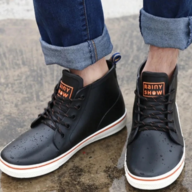 Chaussures pluie homme mode extérieur bottes qualité lacets pêche confort imperméables semelle souple travail