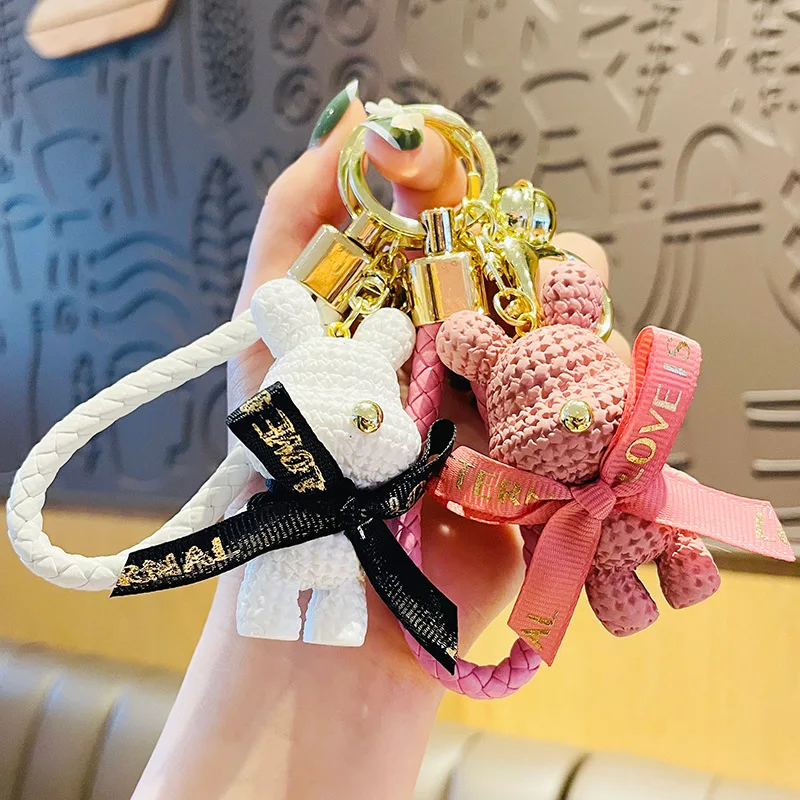 Cute Bear Car Key Chain Resin Bow Bell Rabbit Keychain Weaving Fashion Doll  Bag Pendant Holiday Car Key Ring For Girls Christmas Gifts - Temu Mexico