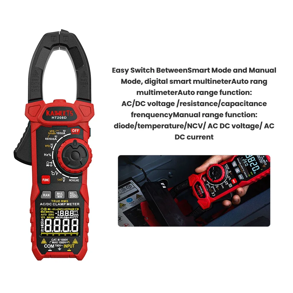 KAIWEETS HT208D Portable Handheld Digital Clamp Meter 6000 Counts AC/DC Voltage Current Capacitive Multimeter Tester