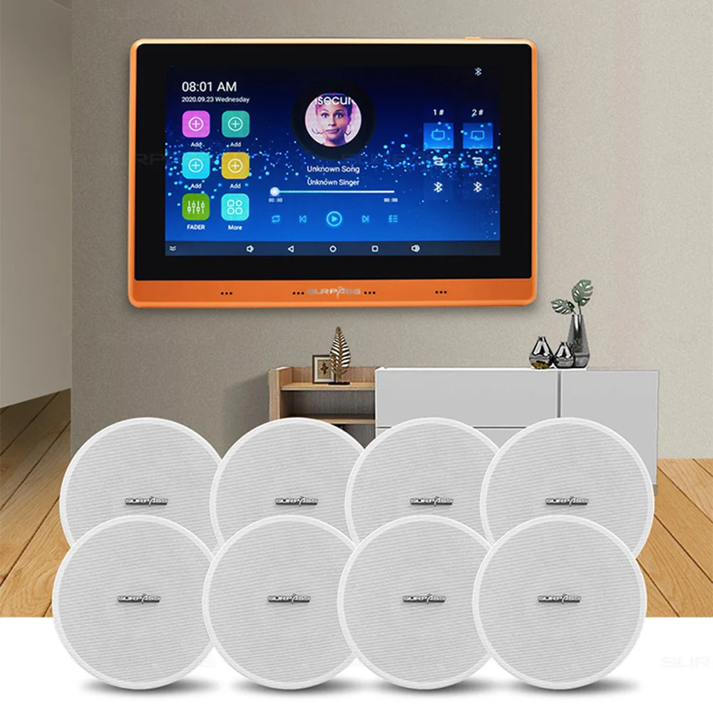 Surpass 8*25W 7 Inch Touch Screen 2 Zone Android Blue Tooth WiFi Smart Home System Wall Amplifier With Ceiling Speak