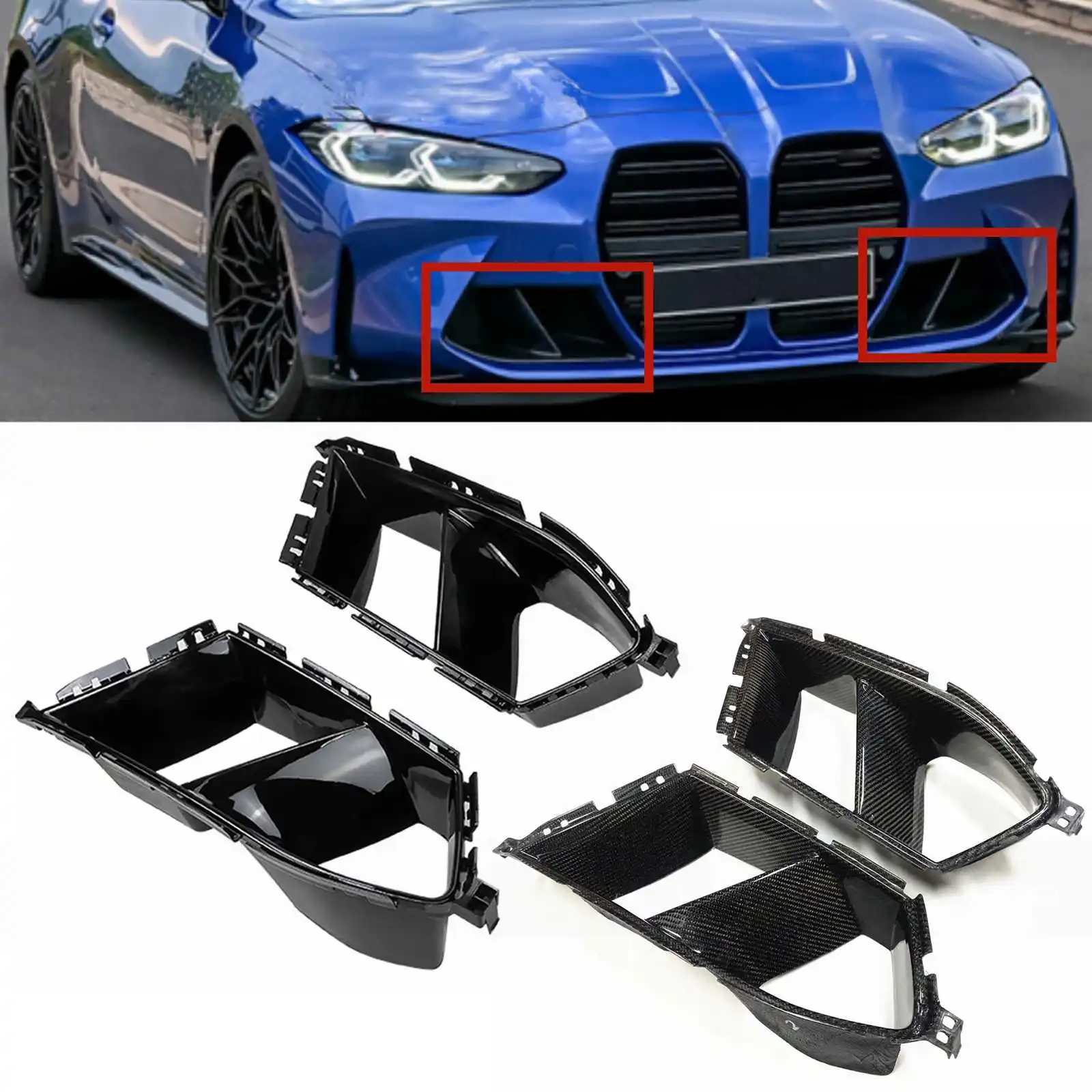 

2 шт. для BMW G80 M3 G82 G83 M4 2021-2024 глянцевый черный передний бампер, Боковая Отделка вентиляционного отверстия, противотуманная лампа, впускная рама, крышка радиатора