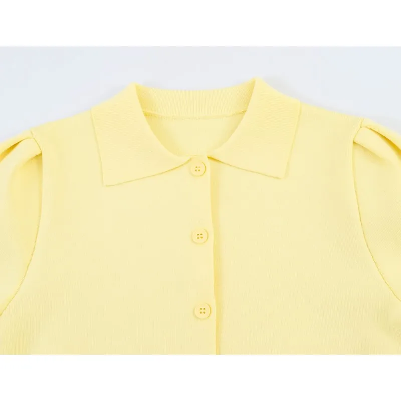 Women's Cardigan with Tie New 2026 Spring Summer Lapel Collar Short Puff Sleeve Knitted Solid Lady Sweater Elastic Female Tops - 3