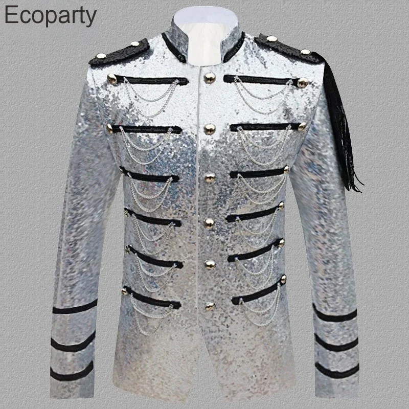 New Men's Fashion Tassels Sequin Blazer Jacket Male Stage Show Punk Military Dress Tuxedo Coat Singer Uniform Dj Costume Homme