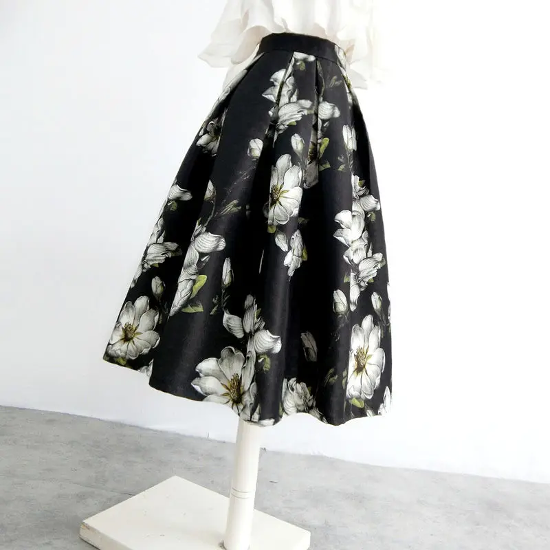 

2024 Fall Middle-aged Half-length Skirt Mother Wear Elastic Waist Pleated Women Print Flower Ladies Skirts Ladies Female F112
