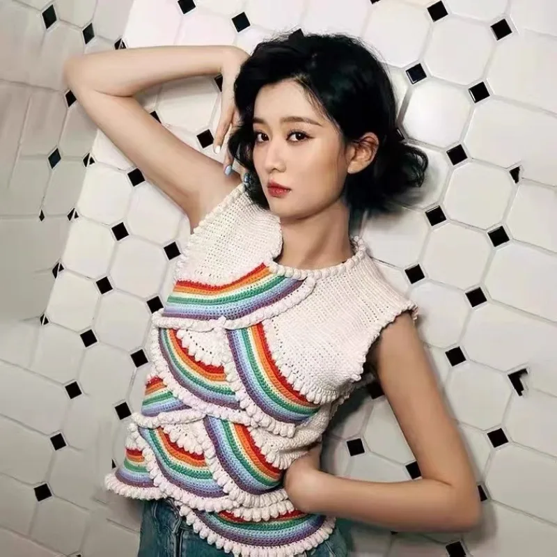 

2023 Summer New Korean Version Irregular Layered Wave Stitching Sleeveless Knitted Vest Women T-shirt Colours Casual Top