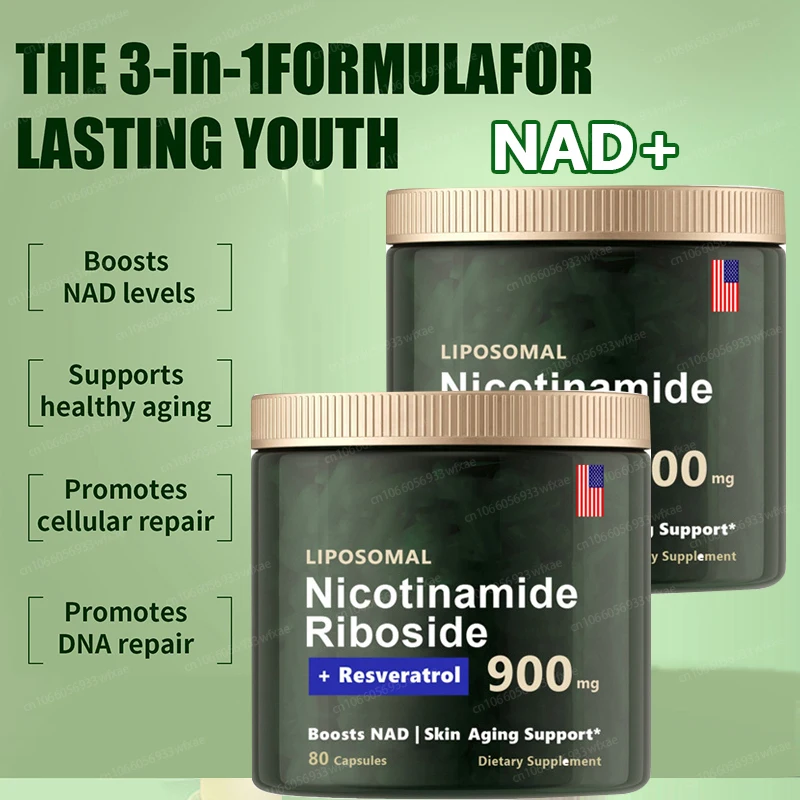 2 Bottles NAD+ Supplements Nicotinamide Riboside 900mg Resveratrol Natural Energy & Cellular Health Skin Care Anti Aging nad+ supplement capsules