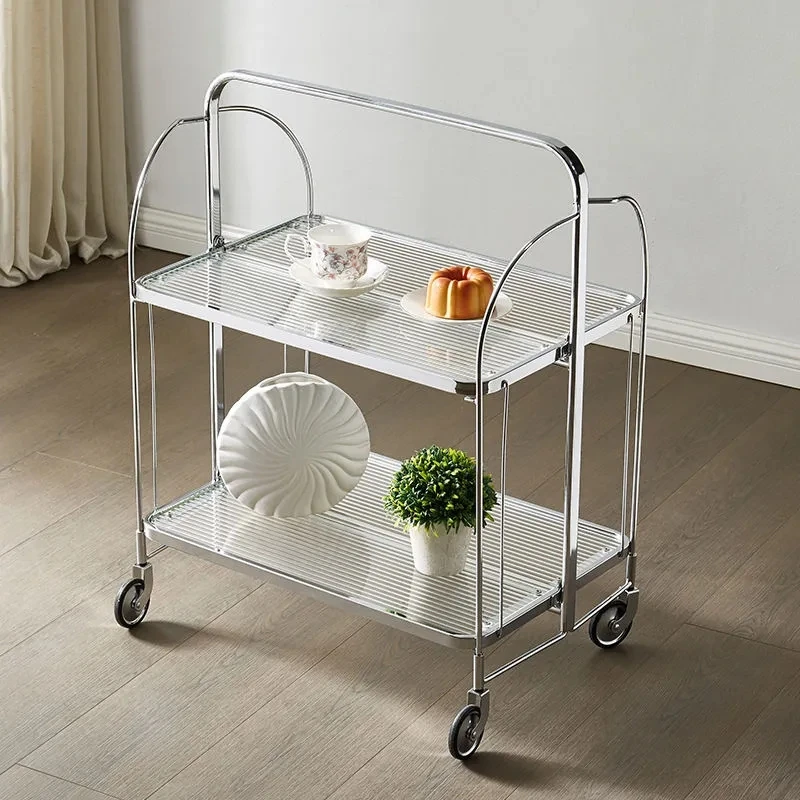 Luxury Kitchen Trolley Glass Shelving Movable Nordic Furniture Multi-layer Shelf Torage Rack Edside Cabinet Stainless Steel
