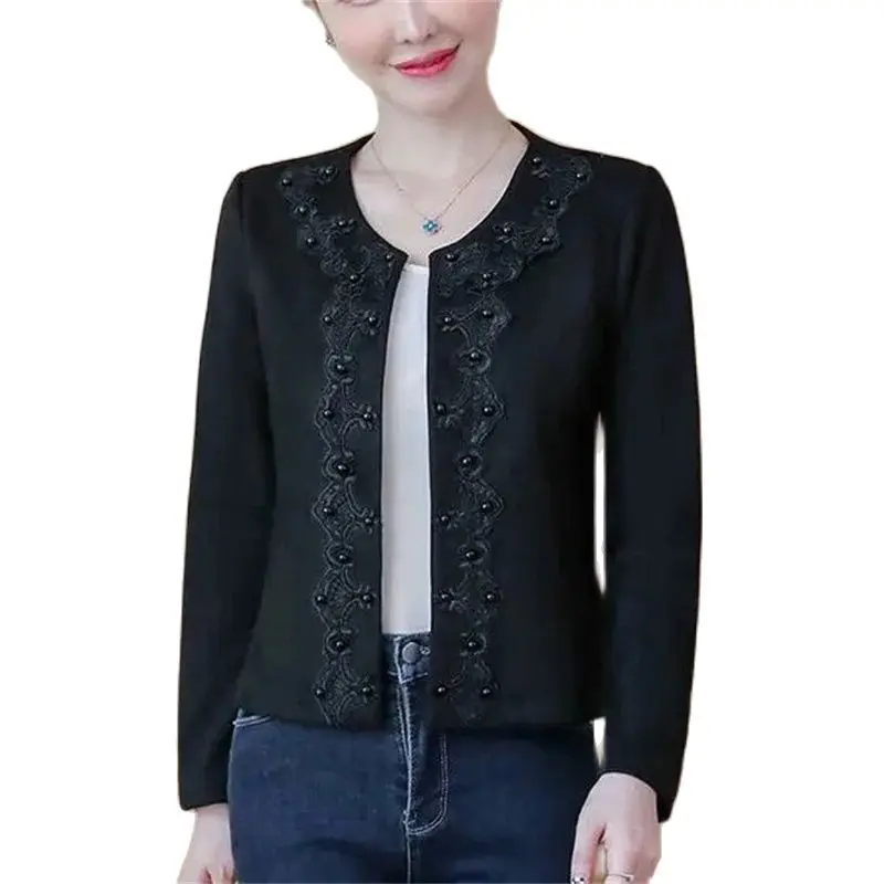 

Spring Autumn Short Pure Colour Casual Jacket Women 2024 New Loose Round Collar Coat Fashion Embroidered Beading Top Female