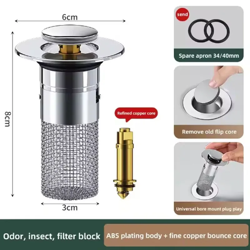 1PCS Washbasin Leak Plug, Odor Proof  Stainless Steel Bouncing Core, Press Type Sink Drain, Universal Accessory for Washbasin