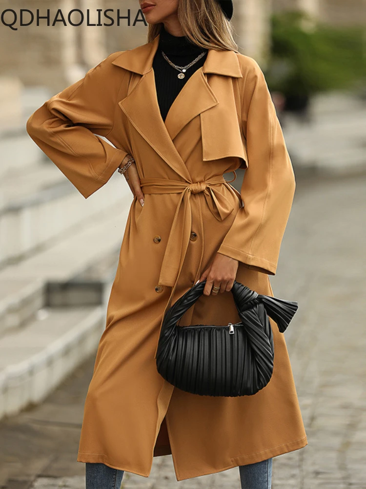 

Women's Trench Coat Windbreaker Polo Collar Casual Solid Color Long Coat Korean Fashion Women Clothes Winter Fashion Streetwear