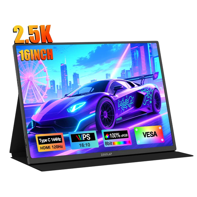 ZEUSLAP 16" 2.5K 144hz Portable Monitor 2560*1600 16:10 100%sRGB 500Cd/m²  Travel Gaming Display for Laptop Switch ps4 ps5 Xbox 1