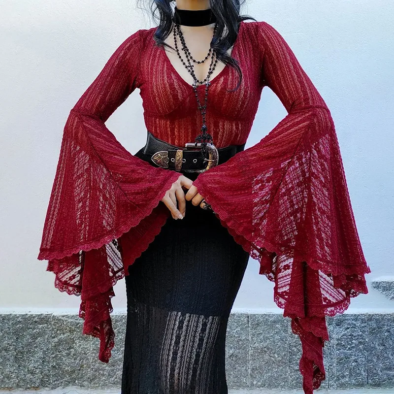 

Goth Dark Lace See Through Mall Gothic Aesthetic Bodysuits Flare Sleeve Grunge Sexy Women Tops Punk Bodycon V-neck Alt Bodysuit