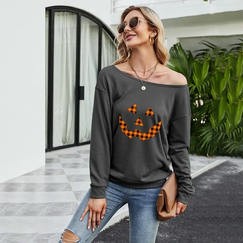 Women Wild Casual Long Sleeve Halloween Printed Tops Sexy Oblique Collar Sweatshirt 2024 Fall Winter New Loose Fashion Pullover