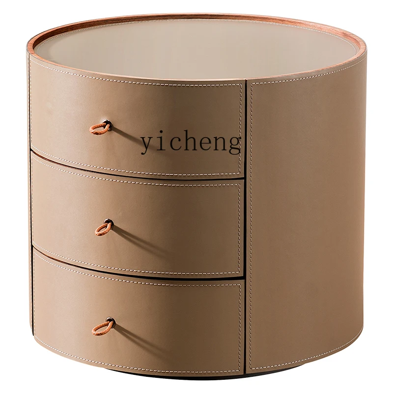 

Xl Saddle Leather Bedside Table Designer Model Light Luxury round Modern Simple Master Bedroom Bedside Cabinet