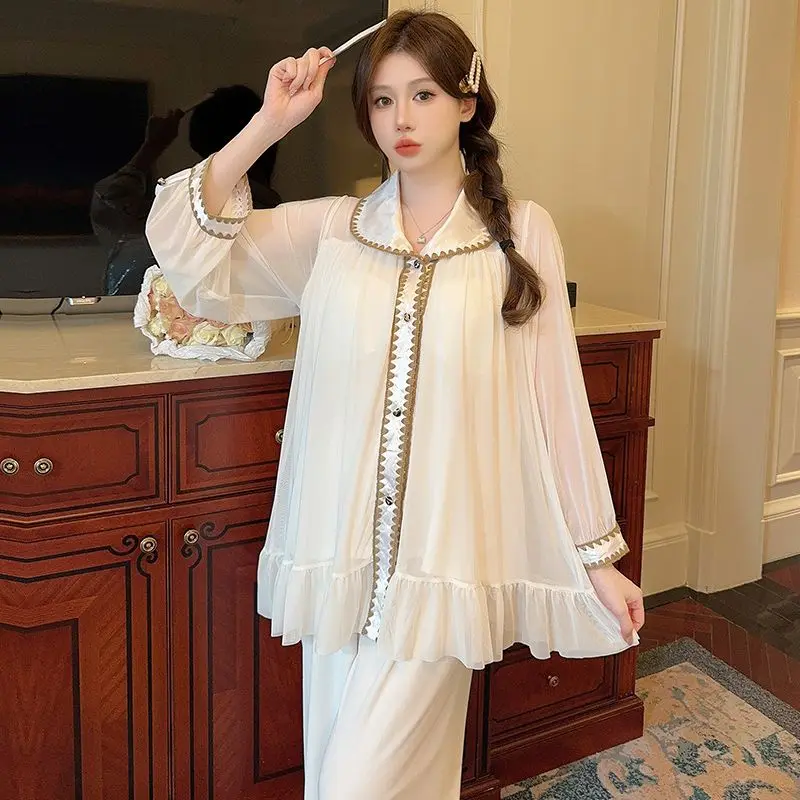 French Pajamas Women Long Sleeve Net Gauze Thin Home Wear Spring Lace Cardigan Princess Wind with Chest Pad Hollow Set Pajamas