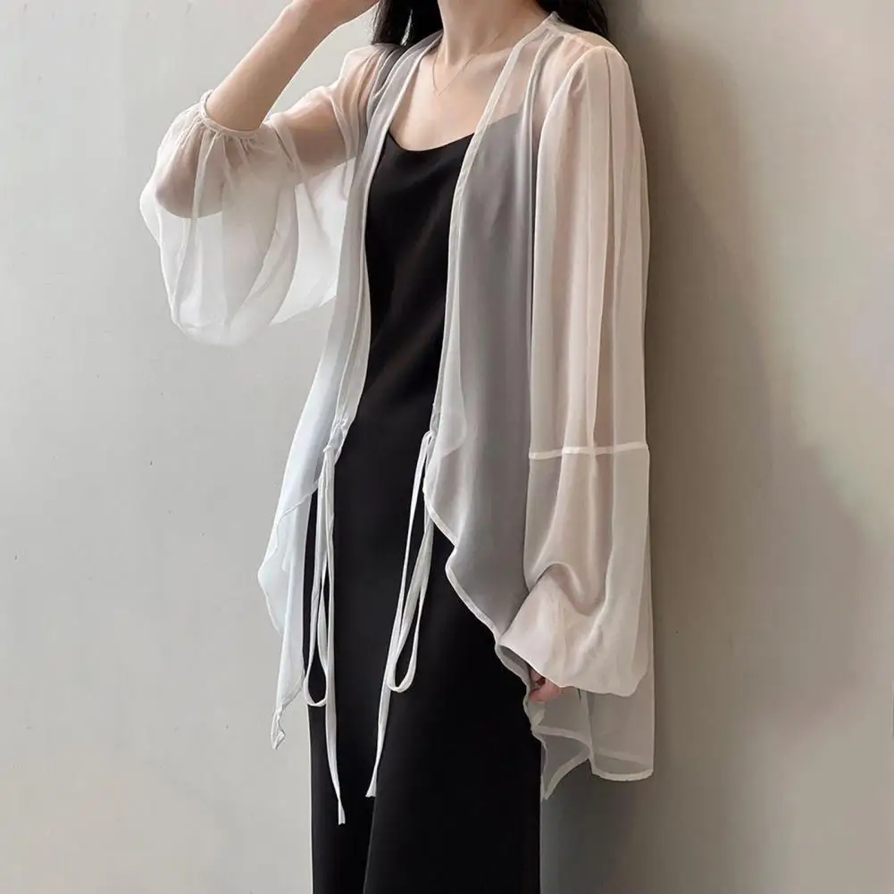 여성용 퍼프 소매 블라우스, 긴 쉬폰 자외선 차단 셔츠, 루즈한 가디건, 블랙 레이디 셔츠 상의, 밑단 숄 코트, 여름