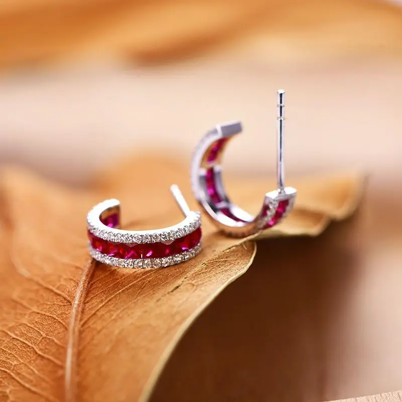 Dropshipping Luxury 925 Sterling Silver Ruby Diamond C Shape Ear Circle Ring Ear Huggie Earring Ruby High Fine Jewelry Wholesale