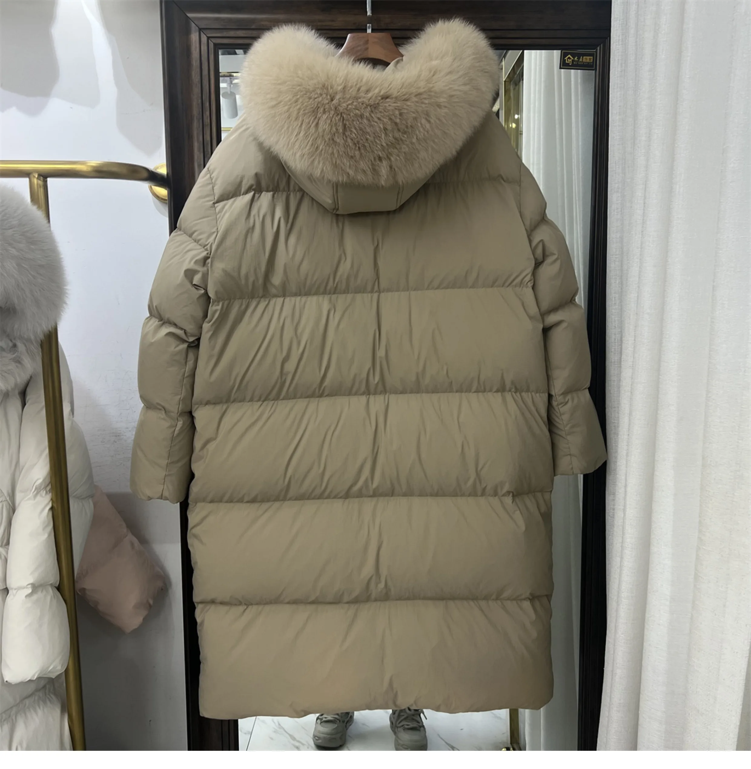 Mid-Length Over The Knee Hood Big Fur Collar White Duck Down Coat Female 2023 Winter New Thick Loose Puffer Jacket Women