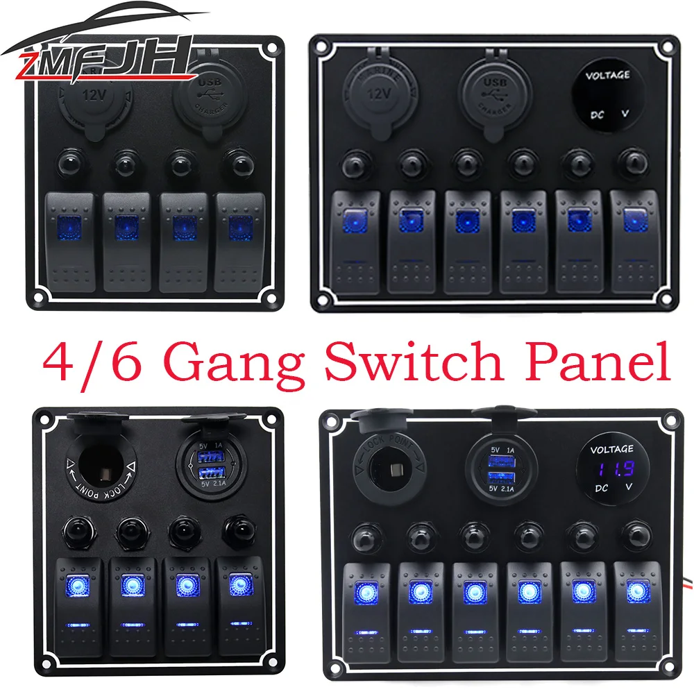 

4/6 Gang Dual LED Marine Boat Rocker Switch Panel for Truck Boat Car Camper Switch Panel Lighter Socket Circuit Breaker 12V/24V