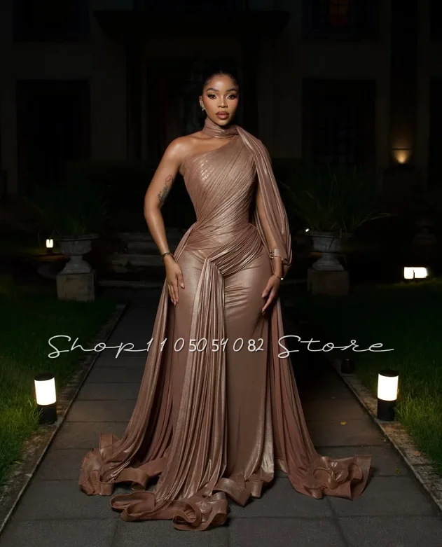 Charming Evening Gown Shiny One-Shoulder Wrap Pleats South African Women’s Prom Dress Beach Party Fashion Wedding Customized