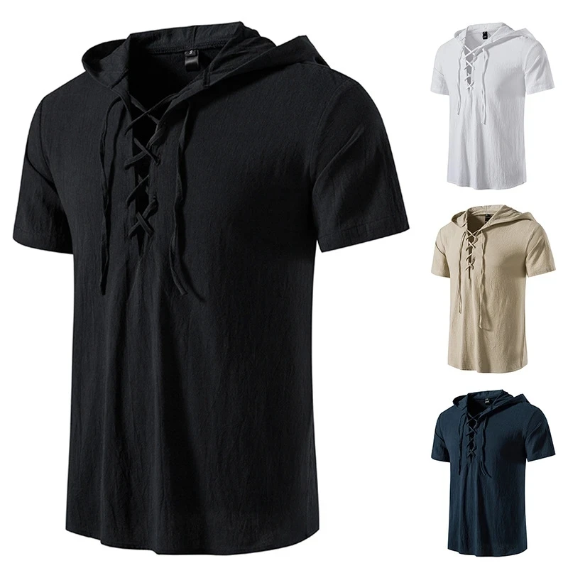 

New Men's V-neck shirt Summer Men's Short-Sleeved T-shirt Cotton and Linen Led Casual Men's T-shirt Shirt Male Breathable Shirt