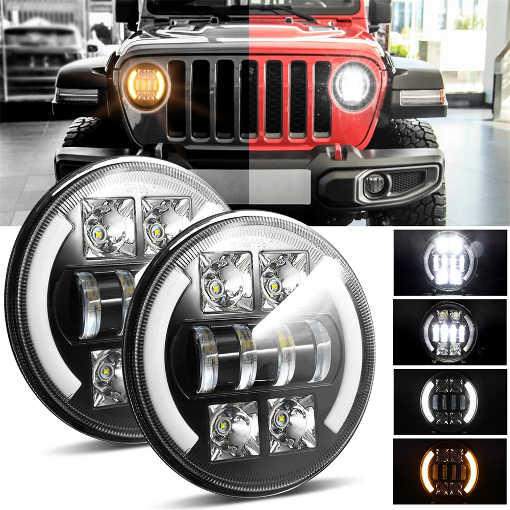 

7" Car Headlights LED Lights 30W Aluminium Turn Signal White Lights High/Low Beam H4 Adapter Cable for M4 Wrangler