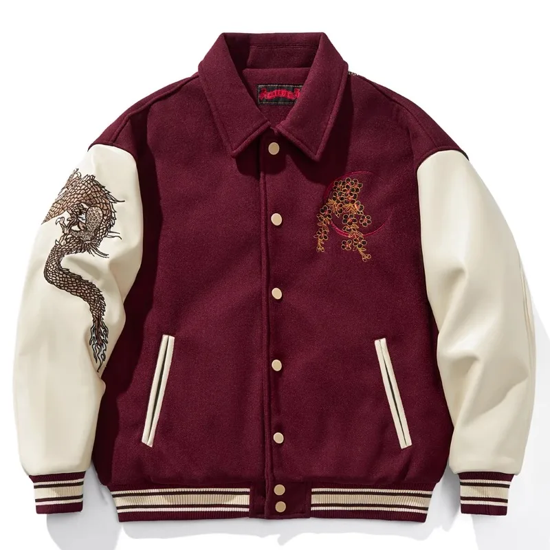Embroidery Heavy Industry Lapel Baseball Uniform Couples Coat Woolen Warm Dragon Year Red National Fashion Contrast Color Jacket