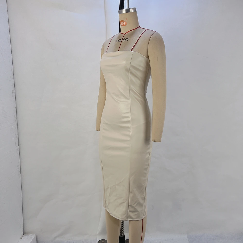 Autumn And Winter Fashion Solid Color PU Leather Sexy Strapless Waist Cinching Package Hip Dress For Women 5