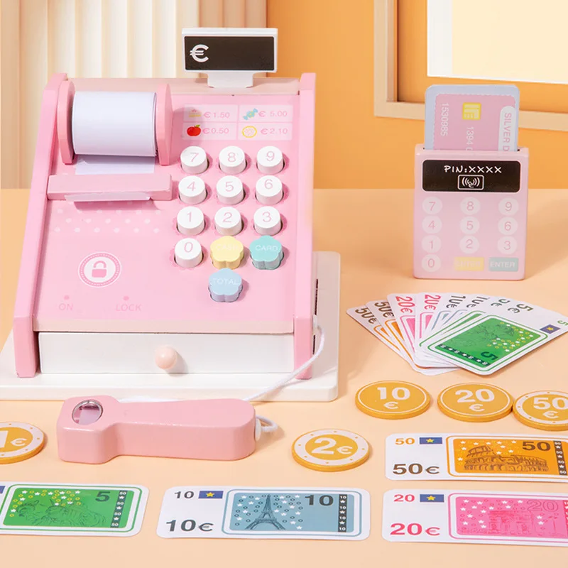 New Play House Toys Wooden Cash Register Toys Simulation Supermarket Checkout Counter Children Role-Play Girl Birthday Gift