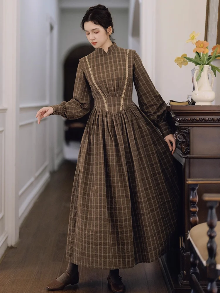 84-96cm Bust Spring Fall Long Dresses For Women Vintage Elegant Slim Stand  Collar Long Sleeve 100%Cotton Coffee Plaid Dress - AliExpress 200000345