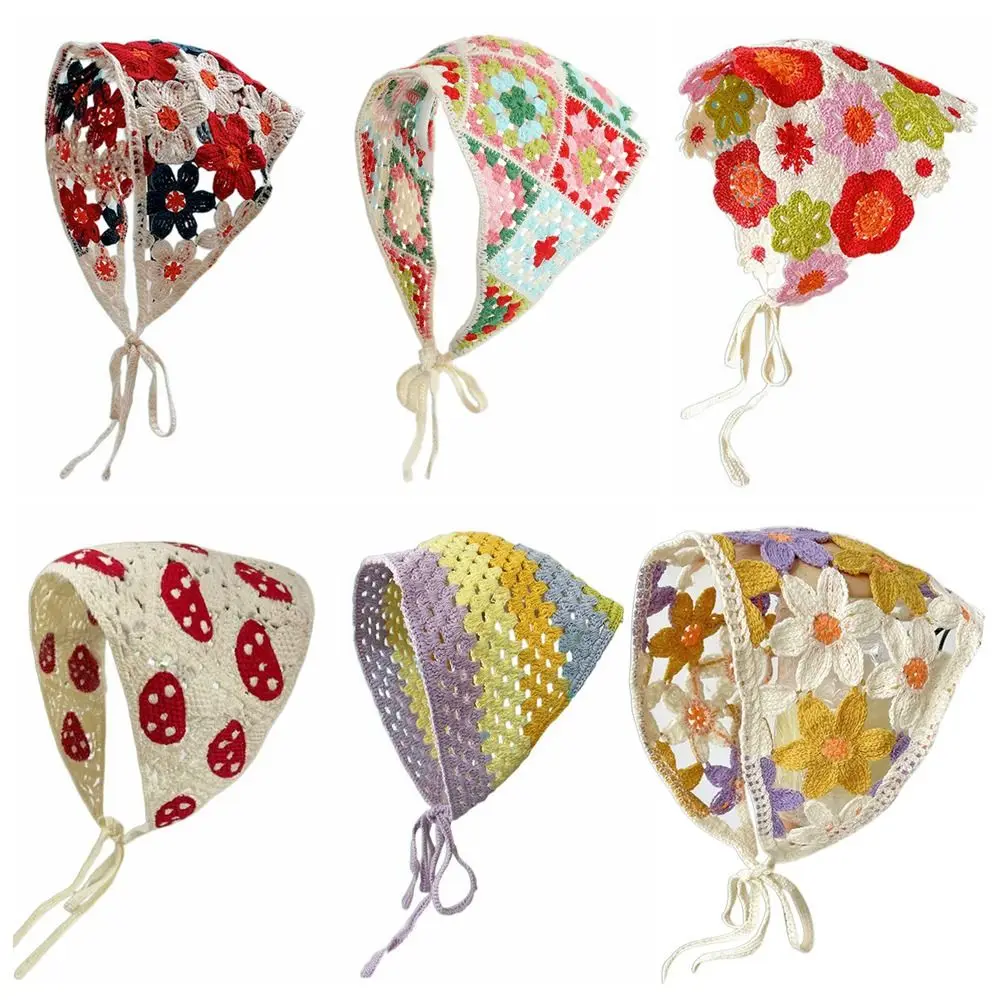 

Little Daisy Knitting Flower Headband French Retro Multicolor Triangular Turban Scarf Travel Beach Spring Outing Hair Band