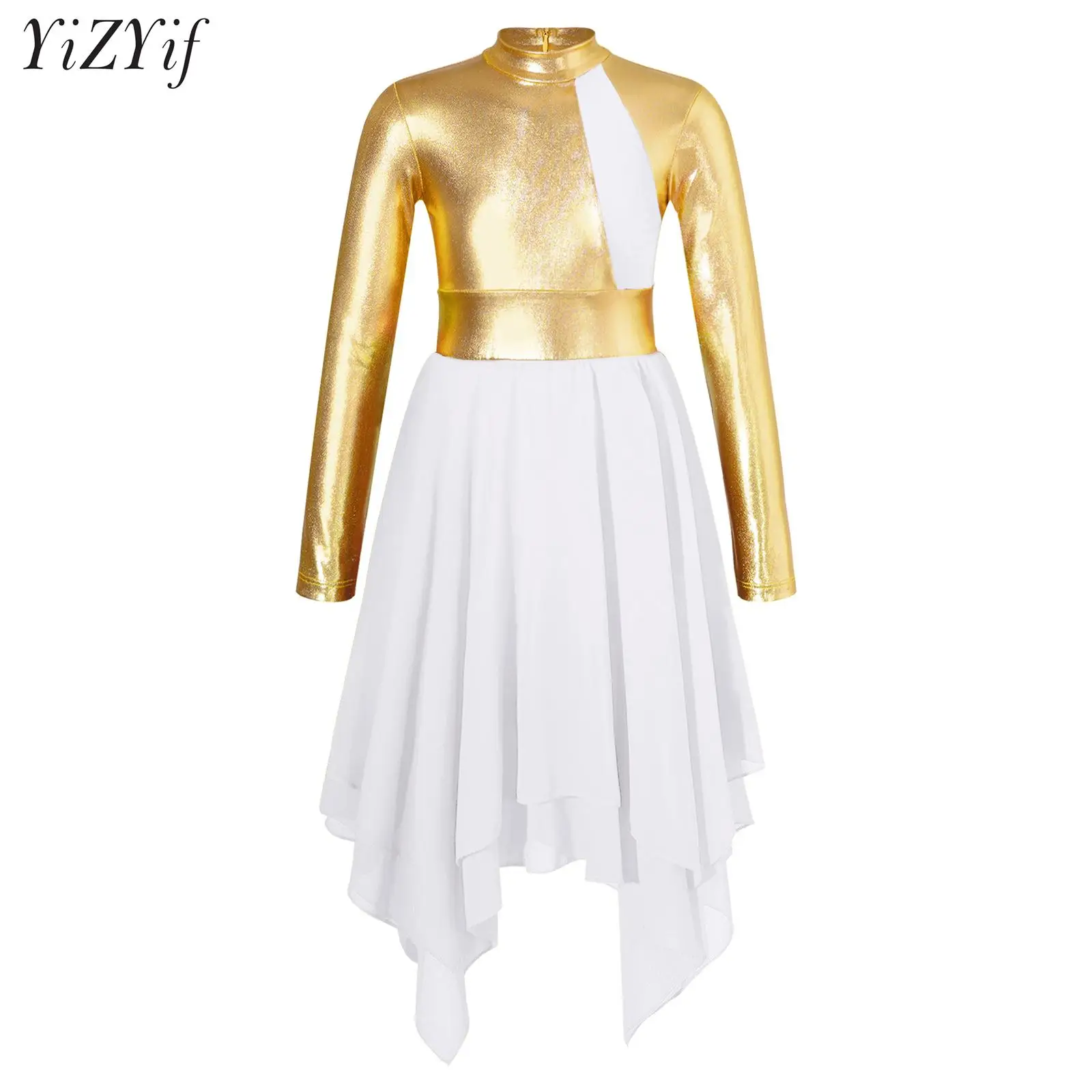 

Kids Girls Metallic Long Sleeve Praise Dance Irregular Dress Color Block Liturgical Church Worship Costume Lyrical Dancewear