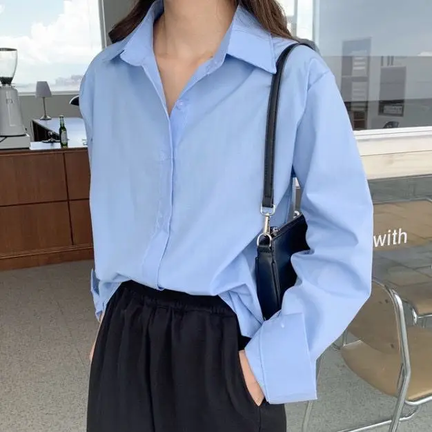 

Women Spring Fashion Loose Preppy Style Solid Color Polo-Neck Long Sleeve Shirts Women Clothes Casual Simplicity All-match Tops