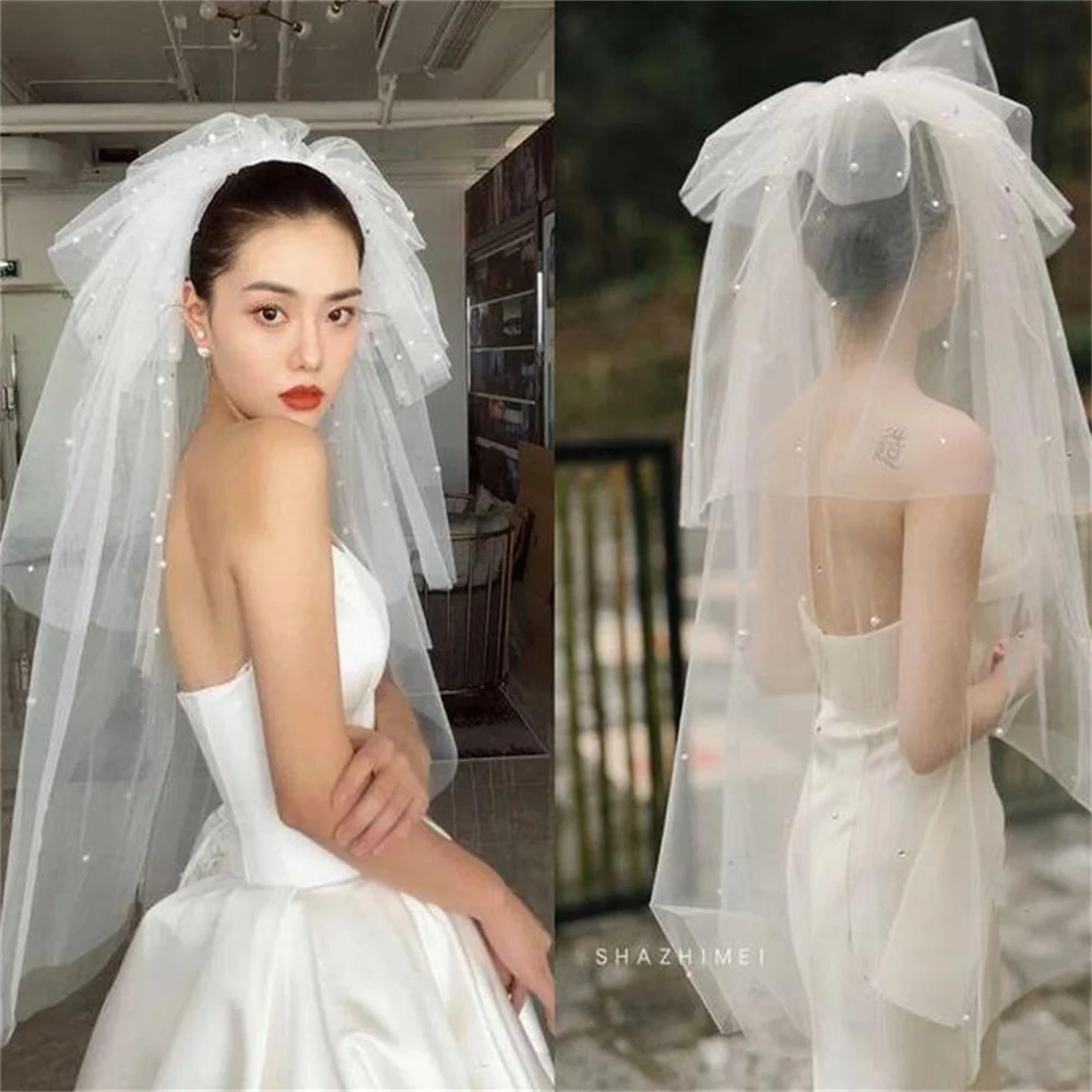 Multi-Layers Women Tulle Bridal Veil Pearl Wedding Veil with Hair Comb for Bride Flower Girl Wedding Party Photography