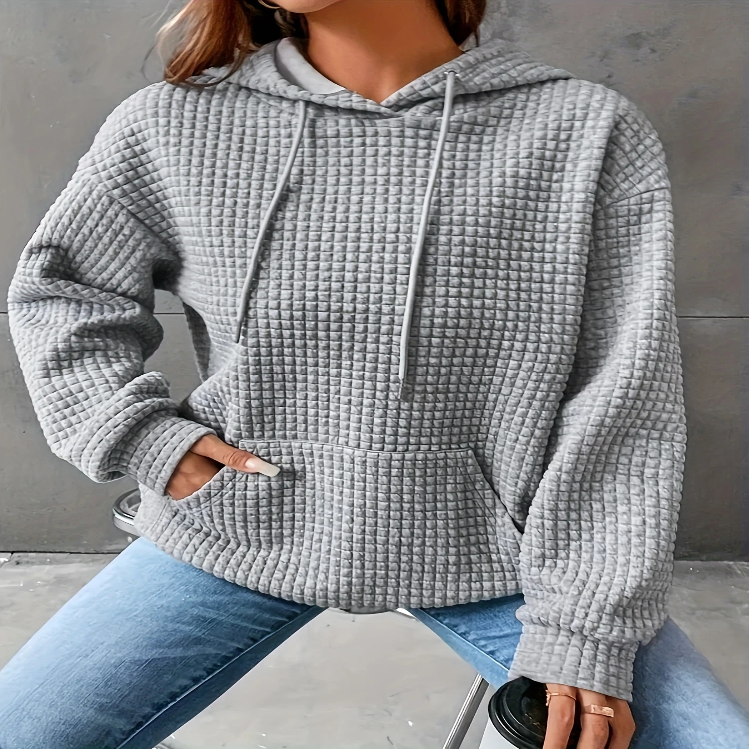 Waffle Grid Kangaroo Pocket Hoodie, Casual Long Sleeve Drawstring Hoodies Sweatshirt, Womens Clothing
