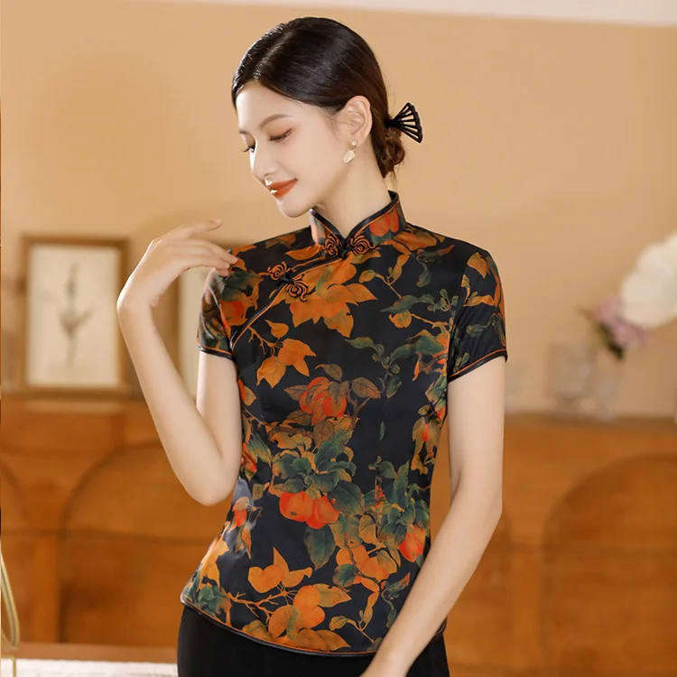 

Элегантные блузки Qipao, женская модель, Женская винтажная блузка в китайском стиле, топ с цветочным принтом, рубашки Hanfu с коротким рукавом
