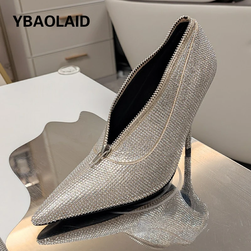 

Luxury Full Diamond Pointed Toe Women Pumps Front Zipper Design Shallow Mouth Thin High Heel Fashion Sexy Lady Club Runway Shoes