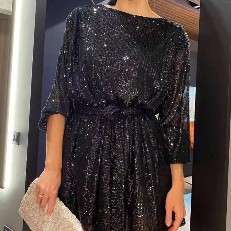 Womens Puff Long Sleeve Glitter Sequin Dress with Belt Evening Wedding Bridesmaid Sparkly Loose Fit Mini Short Dresses