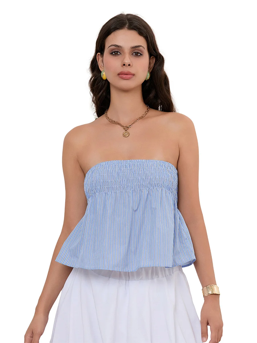 Women s Striped Print Off-Shoulder Bandeau Top with Tie Bow Detail and Backless Design - Stylish Streetwear Fashion Piece