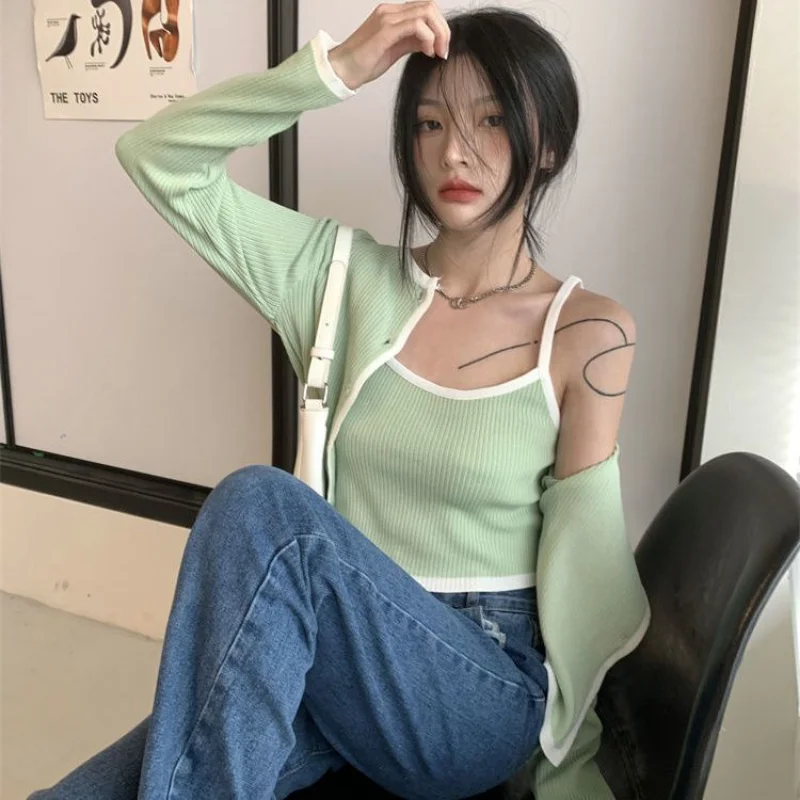 여성용 빈티지 하라주쿠 하이 스트리트 가디건, 우아한 여성 한국 캐주얼 올 매치 패션 상의 세트, 2 피스 핫스위트 티
