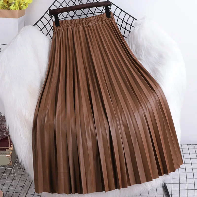 2023 Autumn Women Skirts Elastic High Waist A-Line Pleated Skirts Women Solid PU Skirts Femme Vintage Big Hem Skirt Streetwear