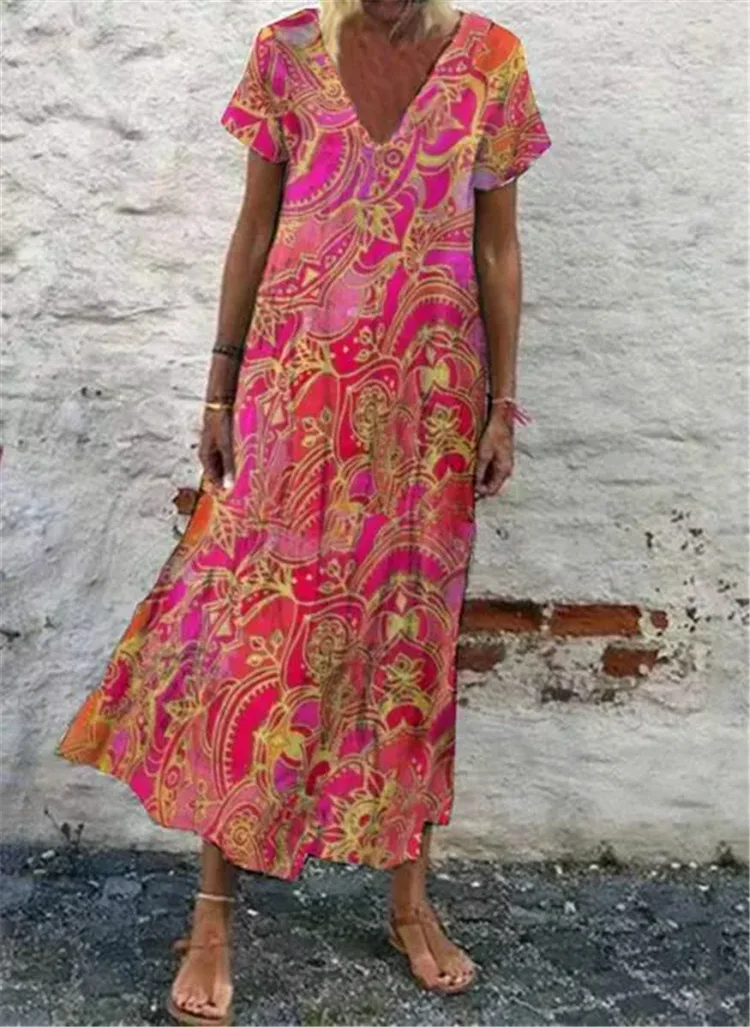 

2023 Spring/Summer European and American Fashion New Flower V-neck Short Sleeve Casual Elegant Women's Long Dress