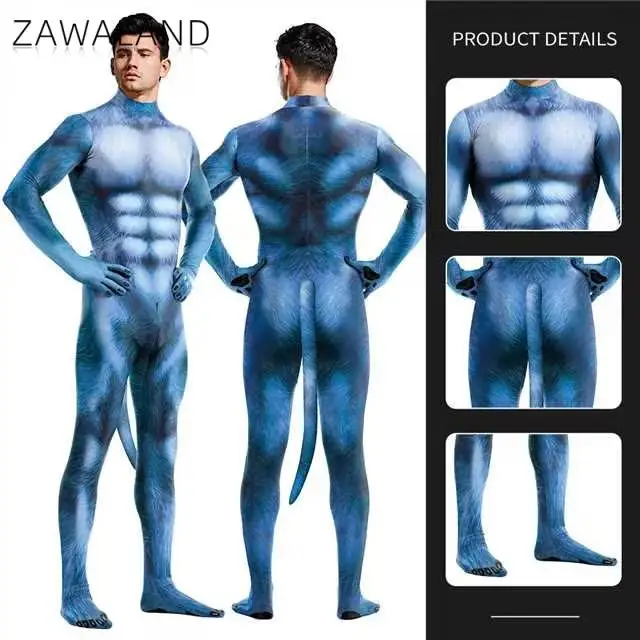 Zawaland Blue Furry Costumes Men Halloween Clothes with Tail Crotch Zipper Zentai Suit for Funny Couple Party Outfit Carnival Wear cosplay costume,men festival costume set